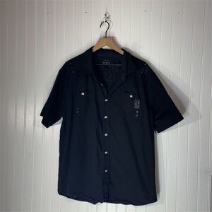 Koman‎ Lugnut Black Shirt 2XL Punk Y2K Flame Logo Button Up Grunge Alt Top